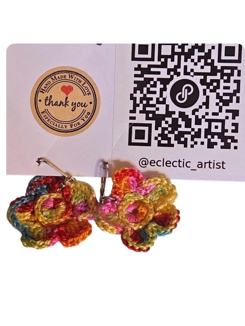Hand Crafted Multi Color Crochet Flower Earrings Festival Wear Rainbow Jewelry - Picture 13 of 16